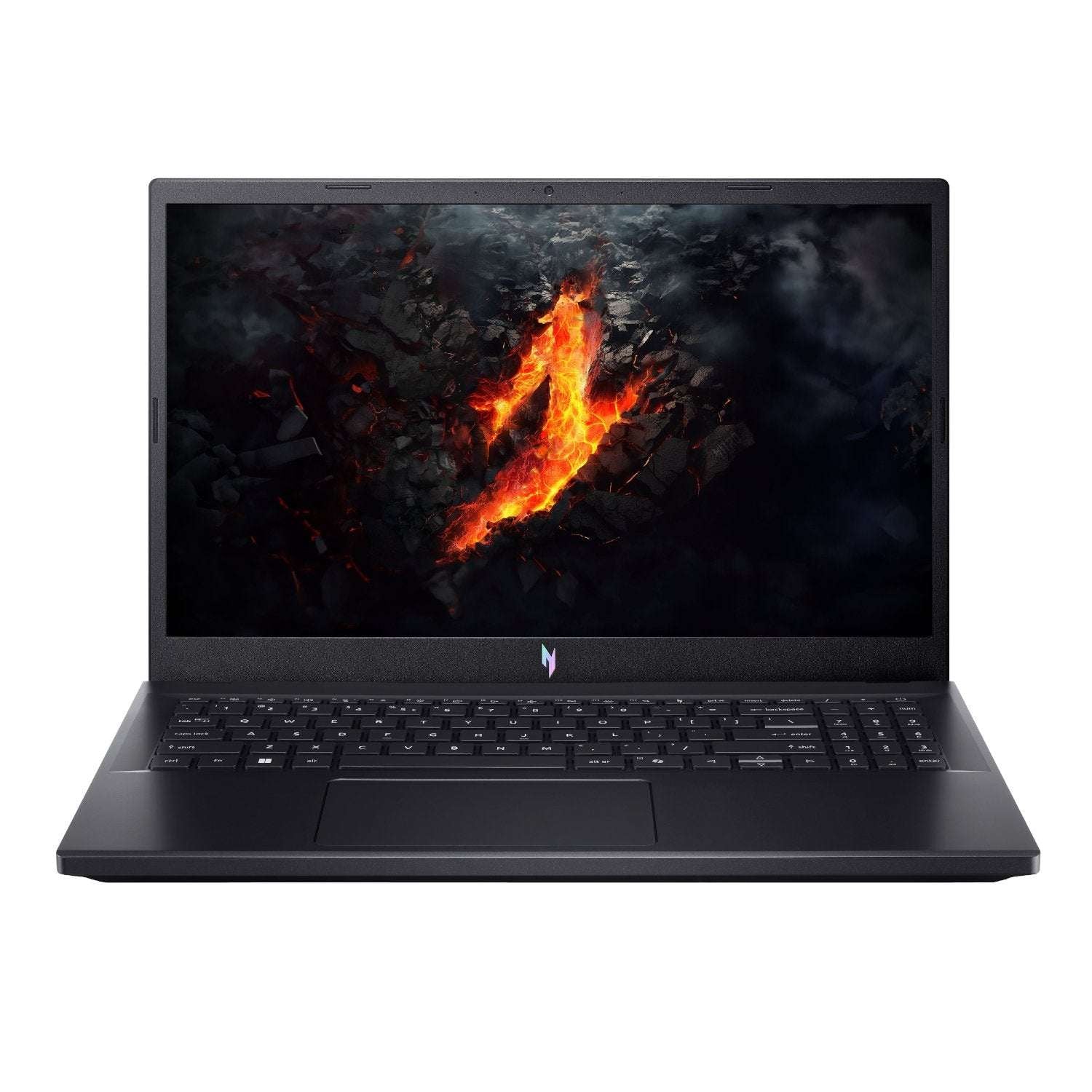 Black laptop with fiery design on screen against a white background