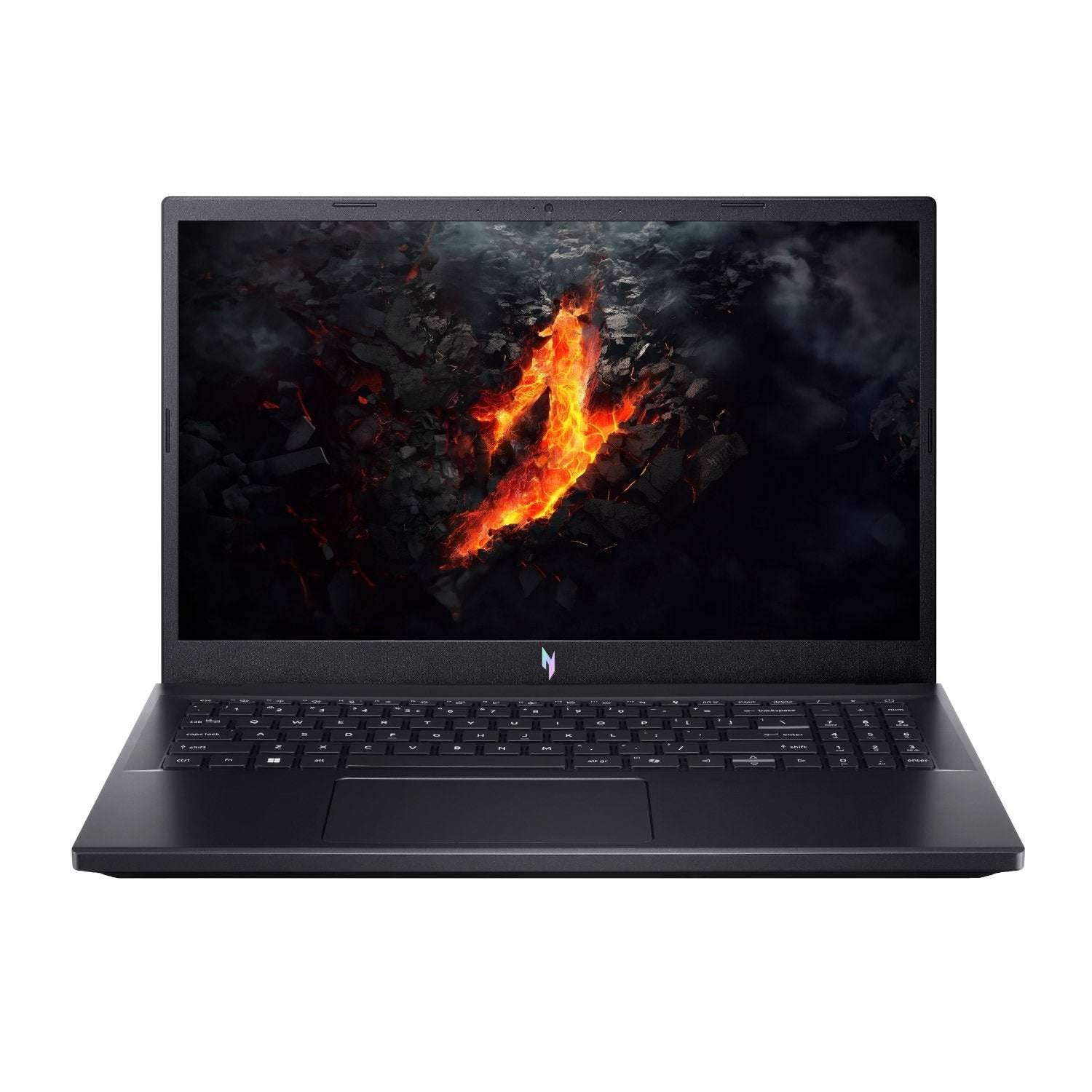 Black laptop with fiery design on the screen on a white background
