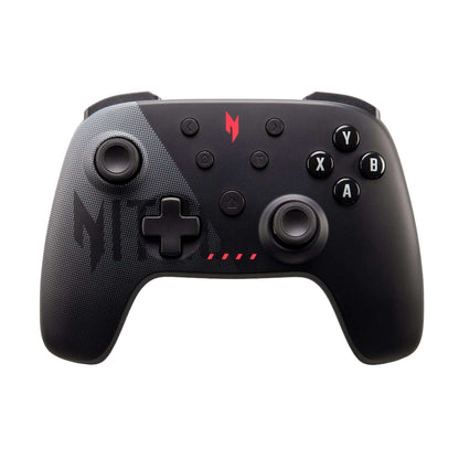 Black gaming controller with red accents on a white background