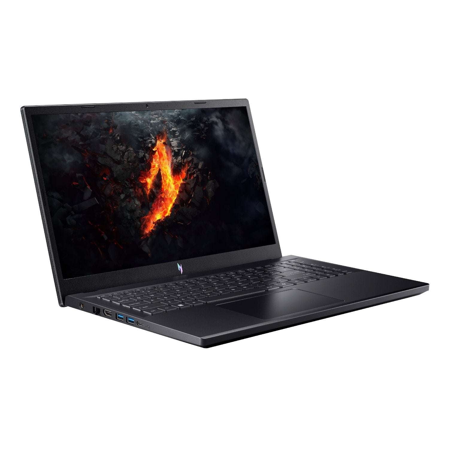 Black laptop with fiery graphic on screen on a white background