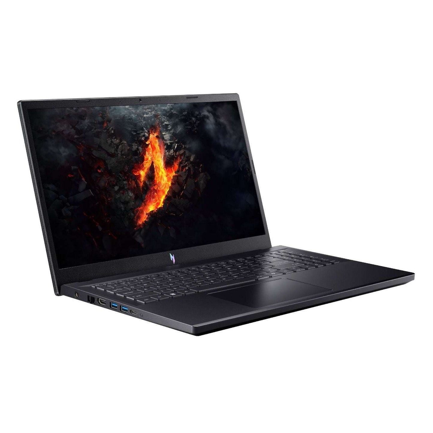 Black laptop with fiery design on screen on a white background