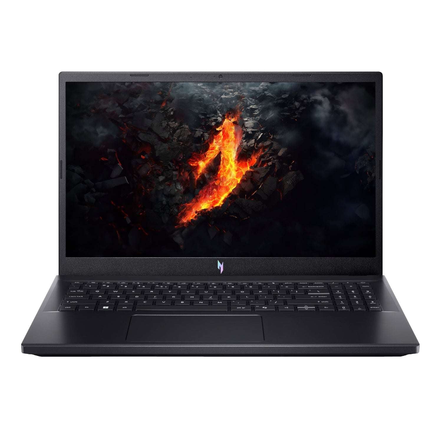 Black laptop with fiery design on screen on a white background