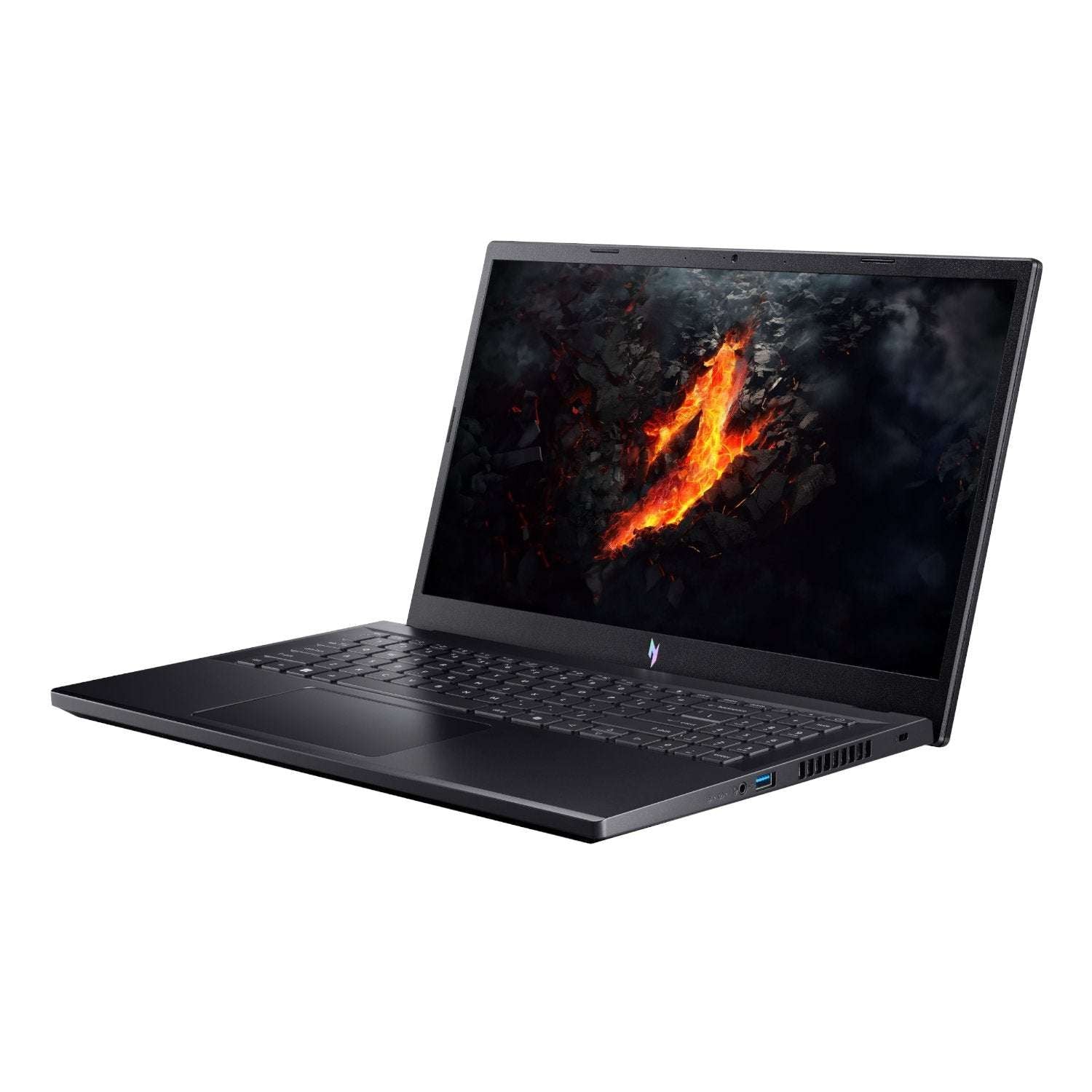 Black laptop with fiery design on screen against a white background