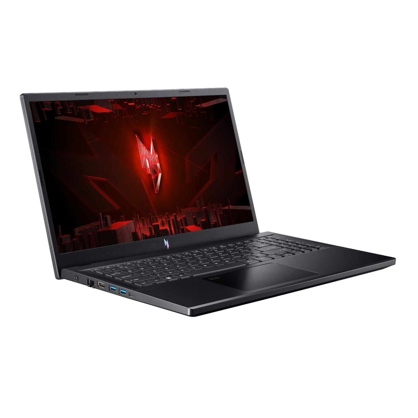 Laptop with a red logo on the screen against a white background