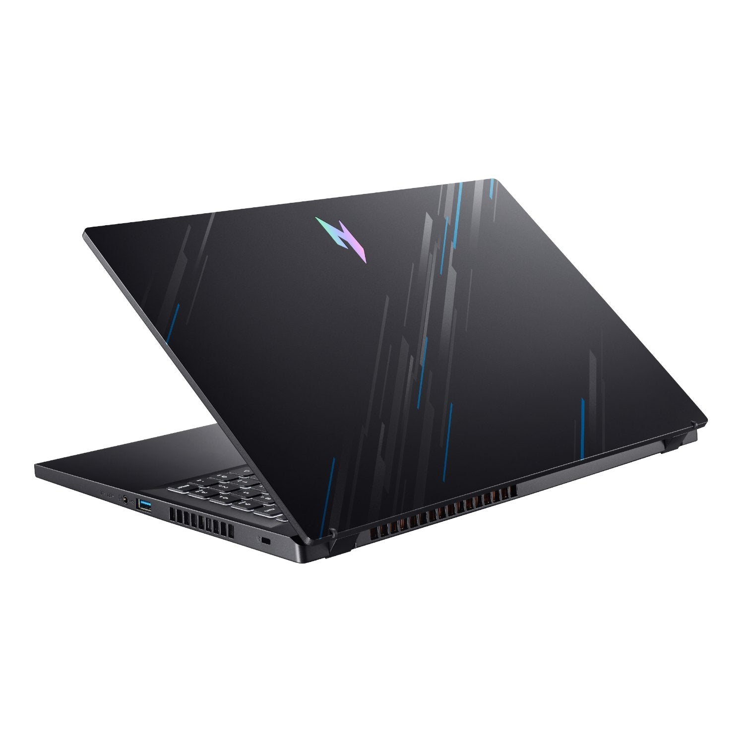 Black laptop with a brand logo on the lid against a white background