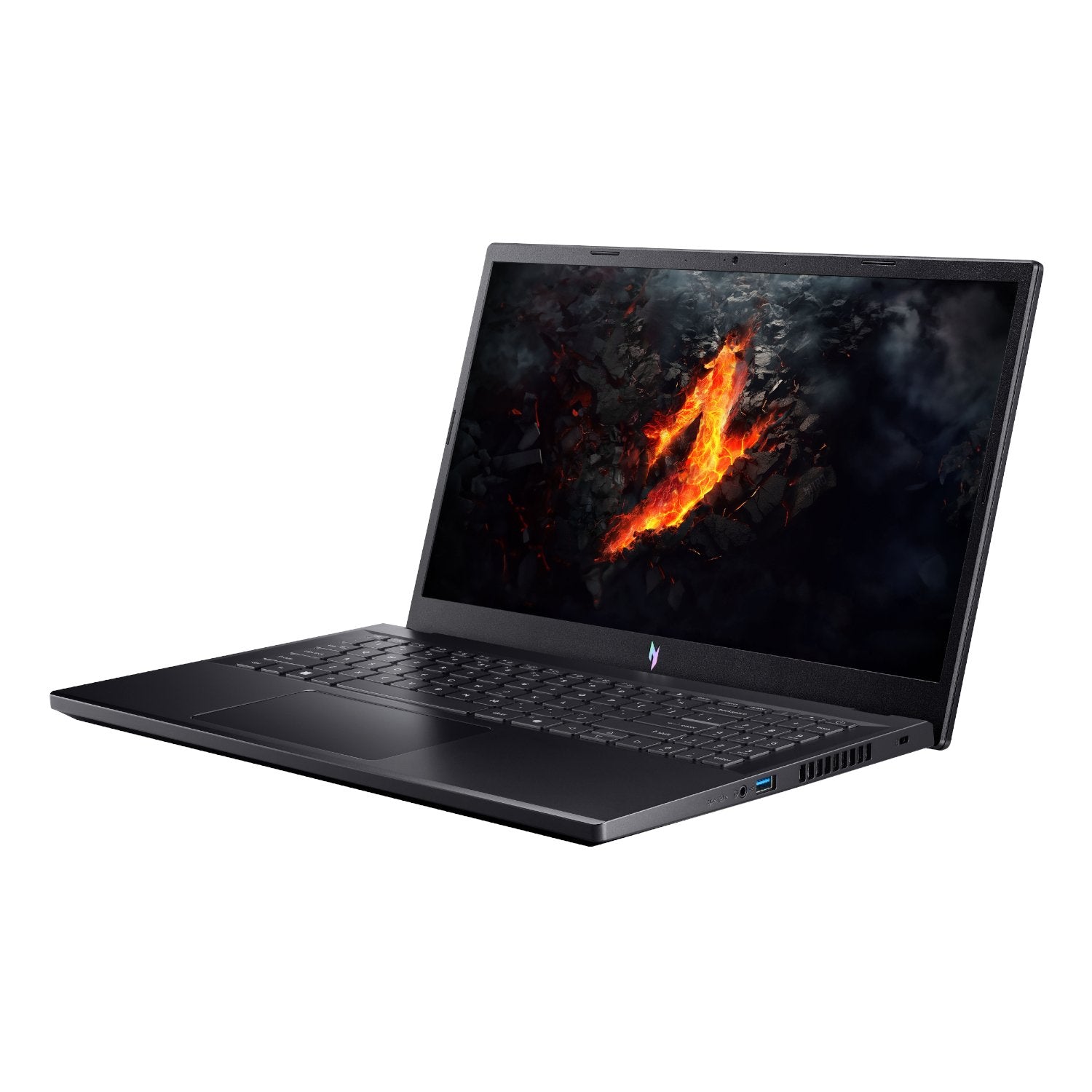 Black laptop with fiery design on screen against a white background