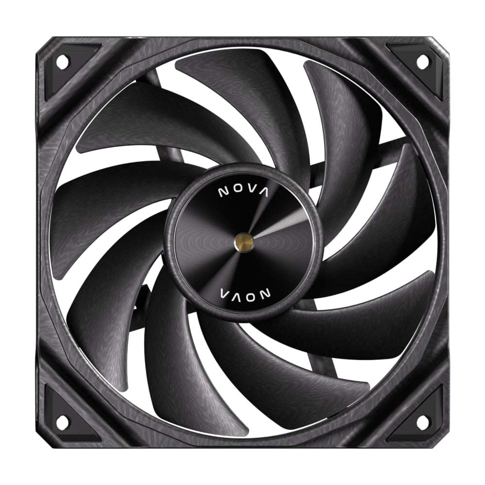 Black computer fan with 'NOVA' branding on a white background