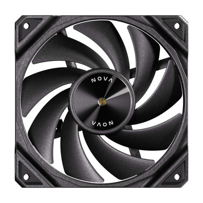 Black computer fan with 'NOVA' branding on a white background
