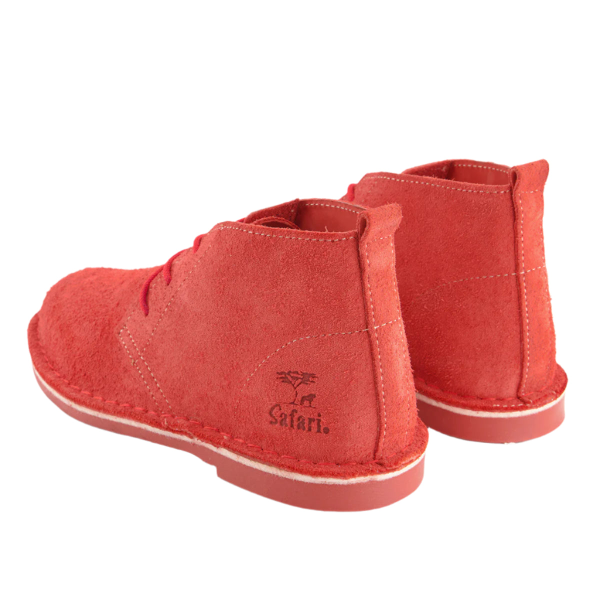 Red suede shoes with 'Safari' branding on a white background