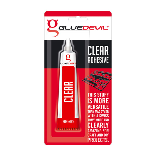 Glue Devil clear adhesive packaging on a white background