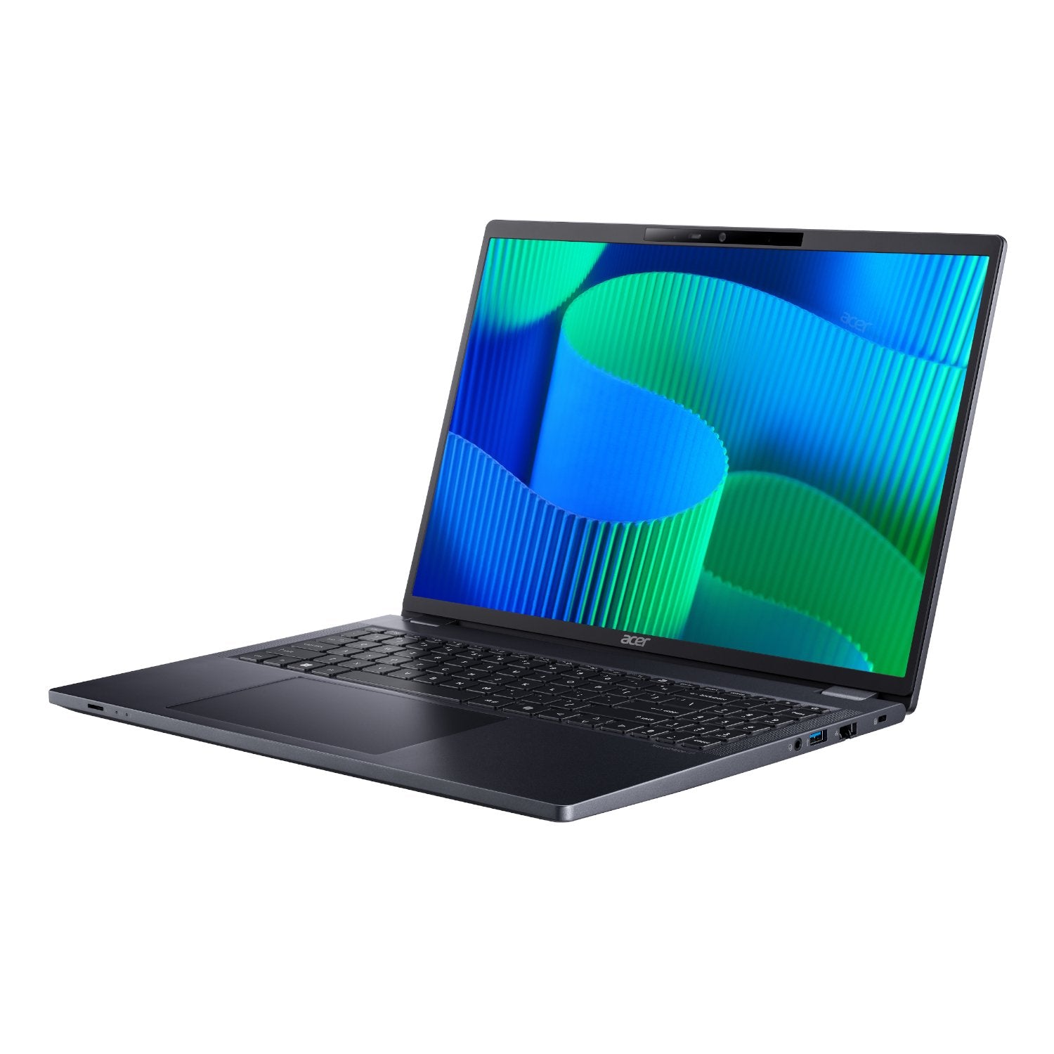 Open laptop with a colorful display on a white background