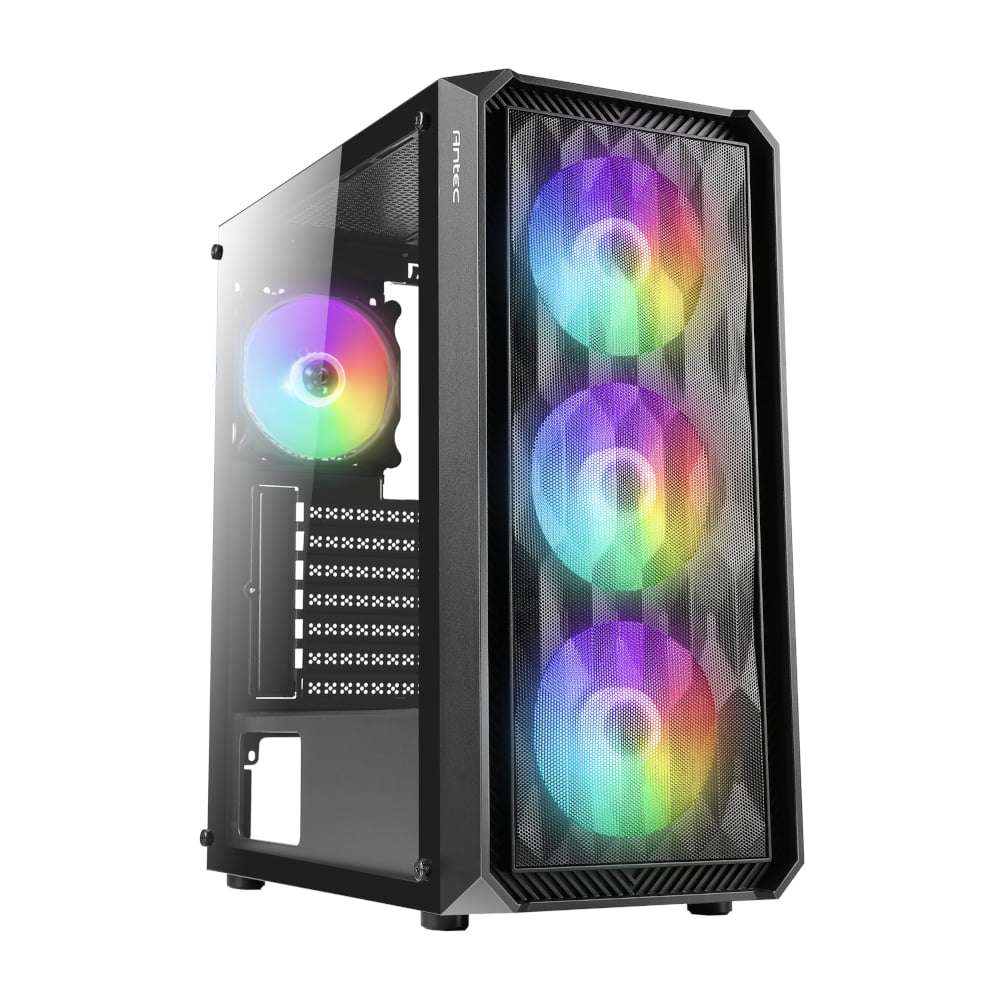 Computer case with RGB lighting on a white background