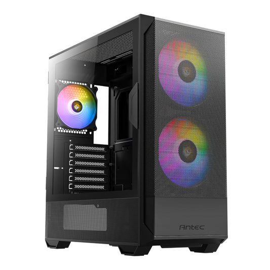 Antec NX416L ATX/Micro-ATX/ITX ARGB Mid-Tower Gaming Chassis with mesh design, ARGB fans, and a swing-opening tempered glass side panel.