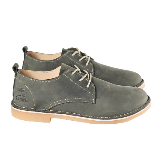 A pair of charcoal gray, full grain wax leather, low cut style men's shoes with lace-up closure and a brand logo on the side.