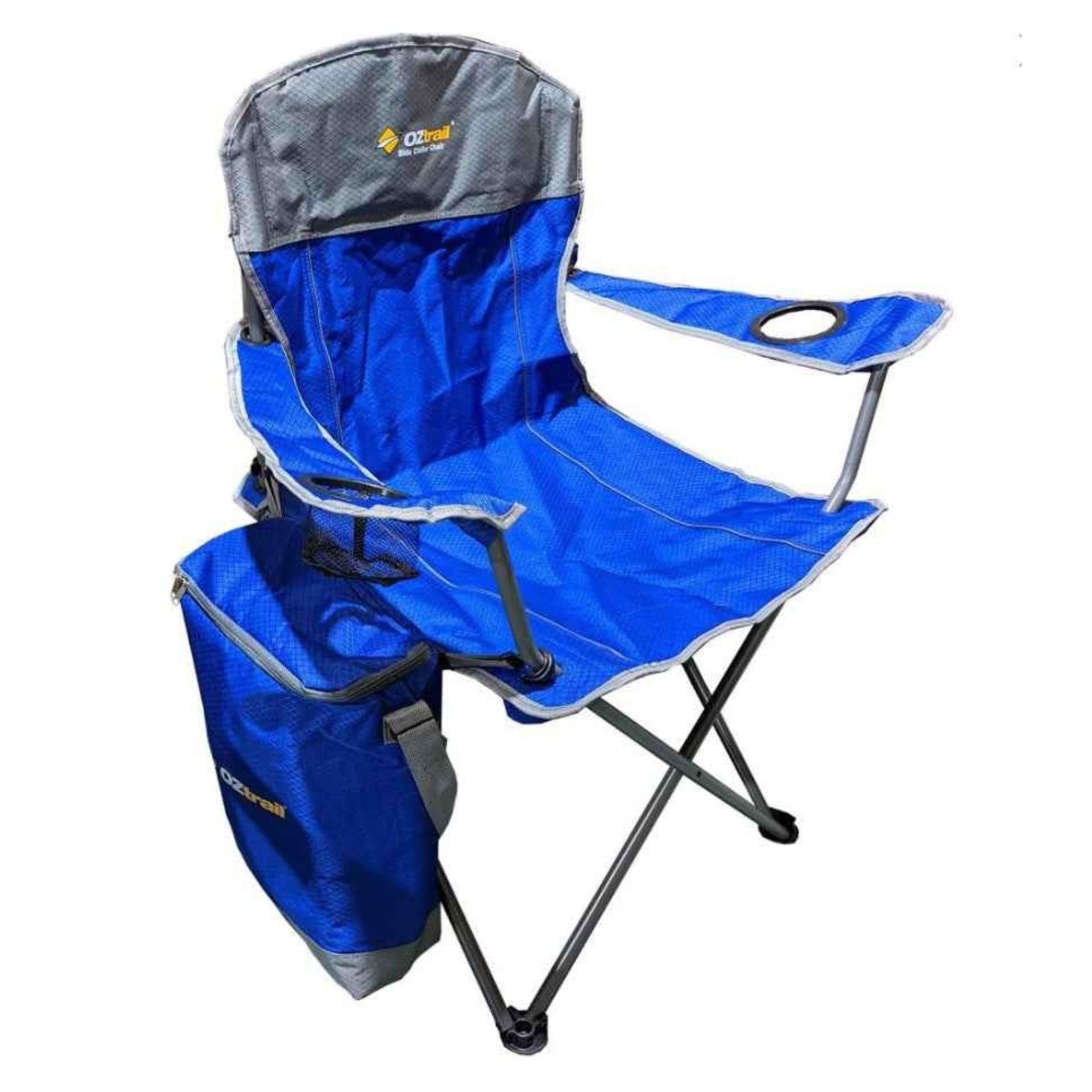 Blue camping chair with attached cooler bag on a white background