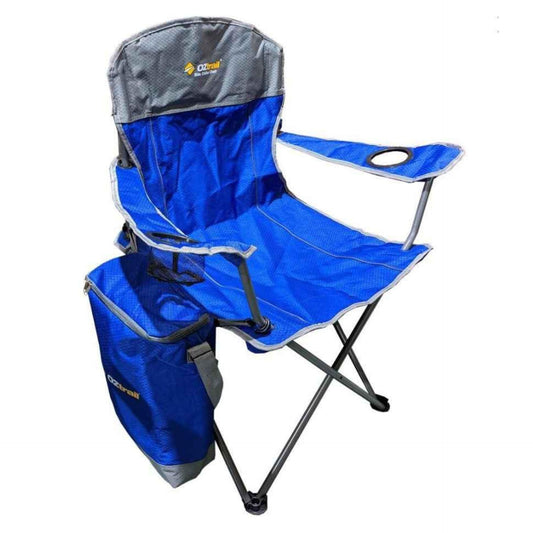Blue camping chair with attached cooler bag on a white background