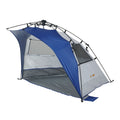 Blue and gray tent with a visible brand logo on a white background