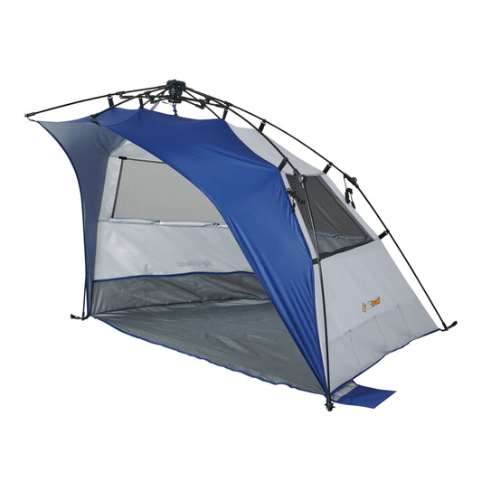 Blue and gray tent with a visible brand logo on a white background