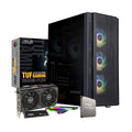 A gaming PC with a black tower case, displaying various components and peripherals such as RAM modules, a graphics card, and an SSD, alongside the product packaging.