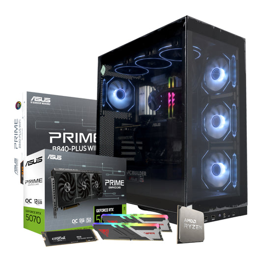 Computer hardware components including a gaming PC case, graphics cards, and RAM on a white background.