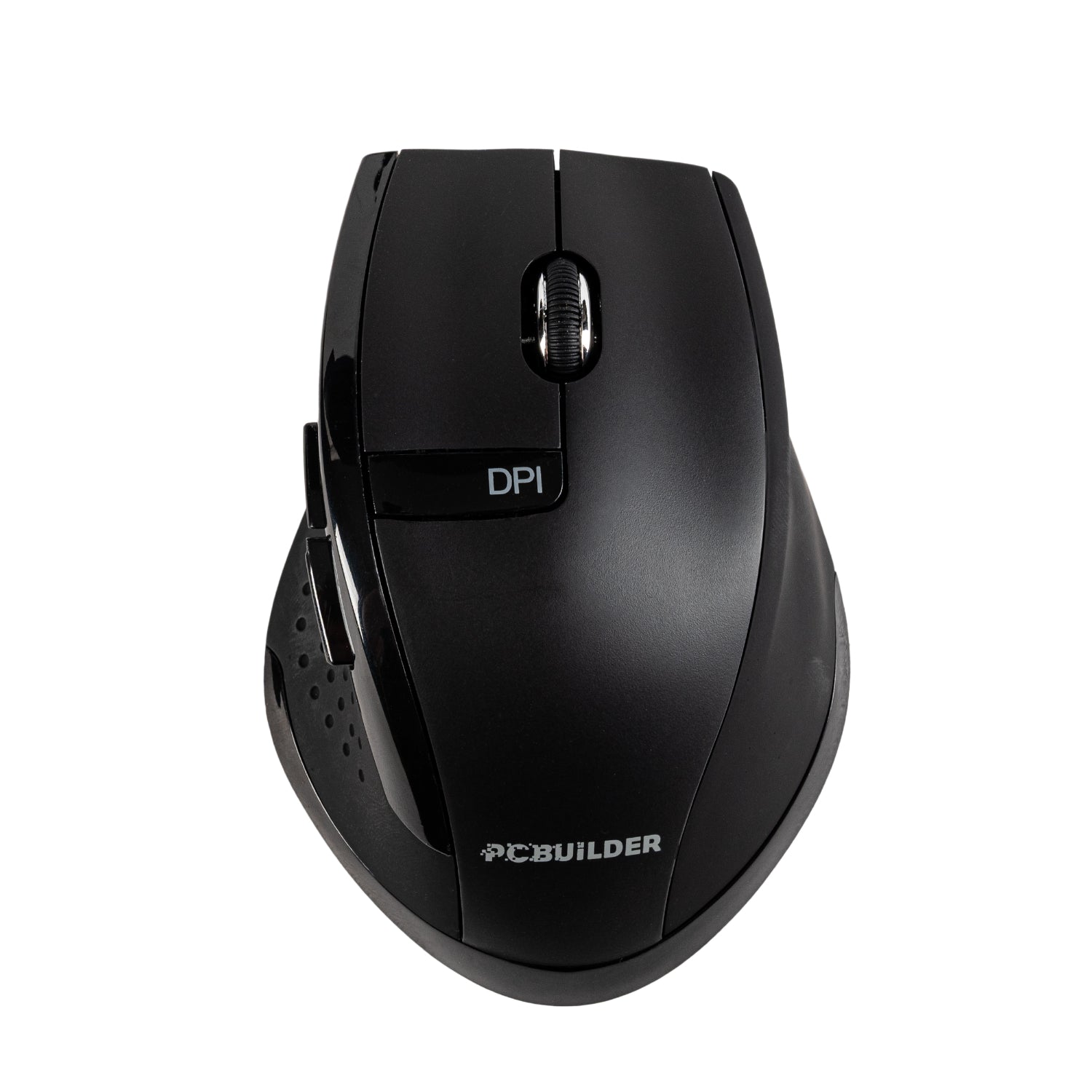 Black computer mouse with DPI adjustment on a white background