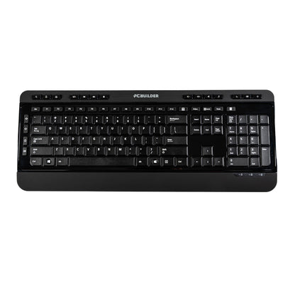 Black keyboard with 'PCBuilder' branding on a white background