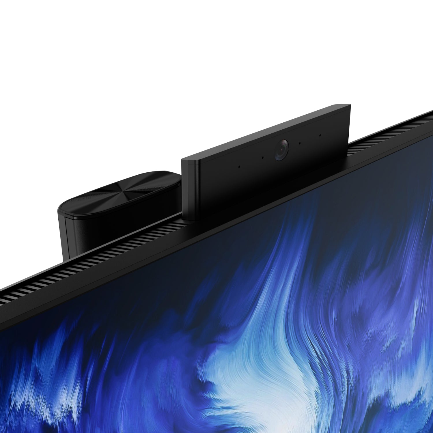 Close-up of a modern electronic device with a screen displaying abstract blue and white design.