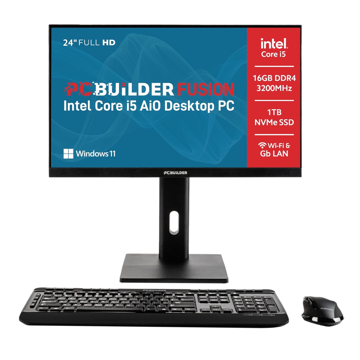 PC Builder Fusion Intel Core i5 AIO Desktop PC with monitor, keyboard, and mouse on a white background