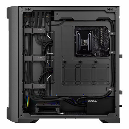 Back view of a computer case with internal components