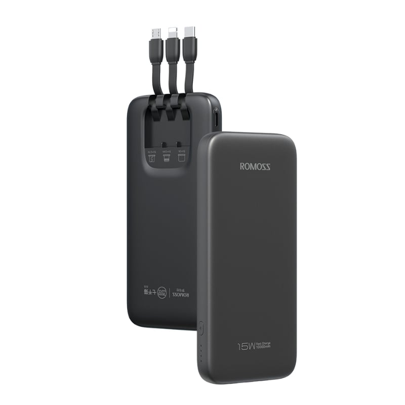 Black power bank with multiple charging cables on a white background
