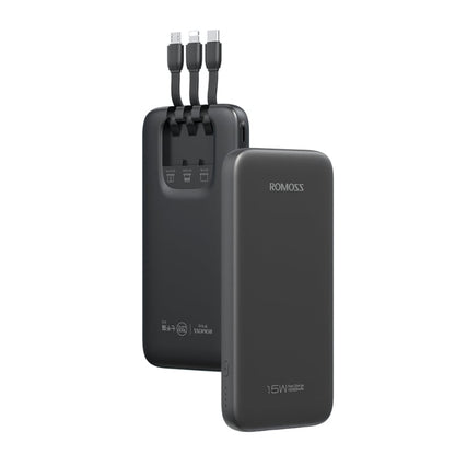 Black power bank with multiple charging cables on a white background