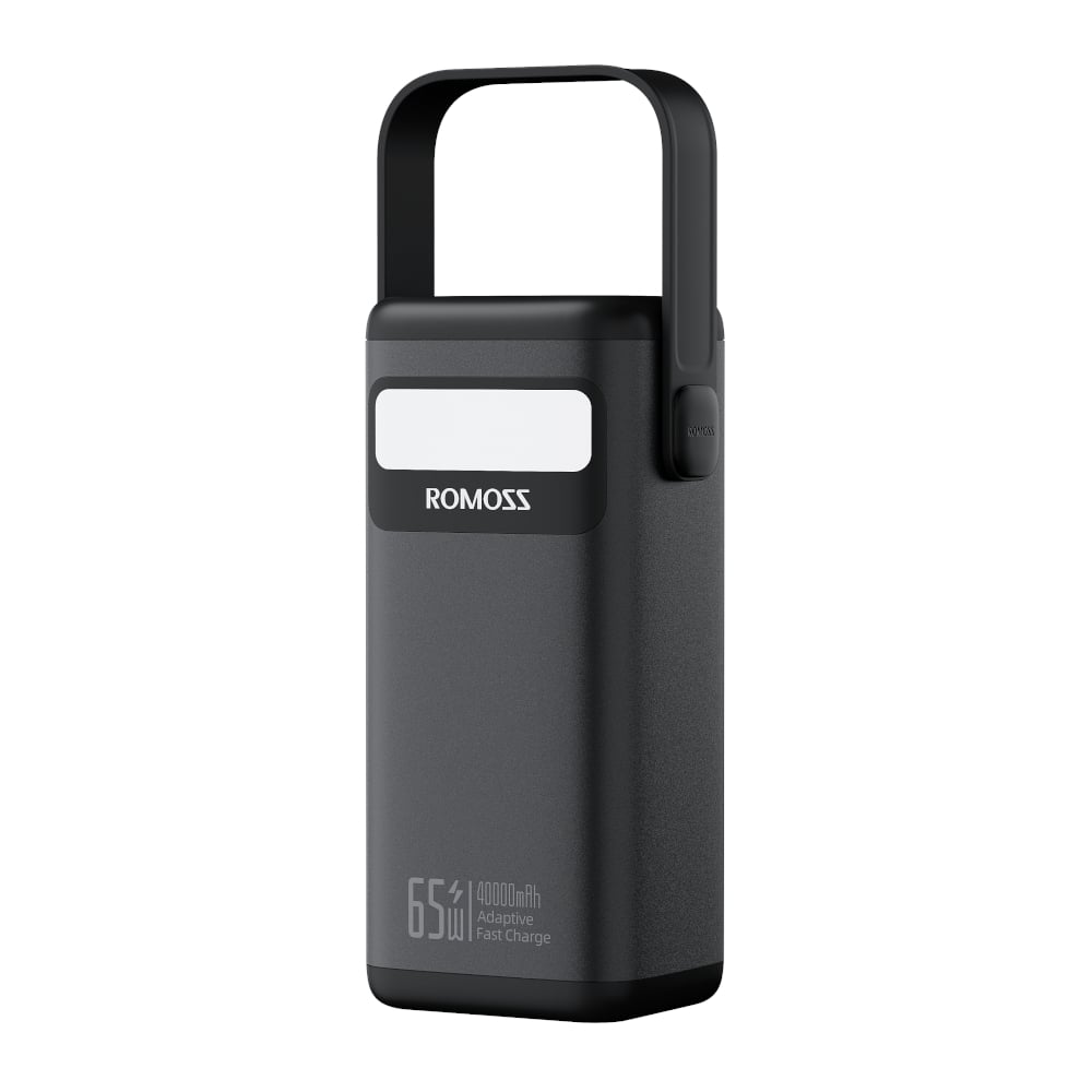 Black portable charger with 'ROMOSS' branding on a white background