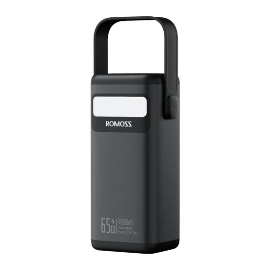 Black portable charger with 'ROMOSS' branding on a white background