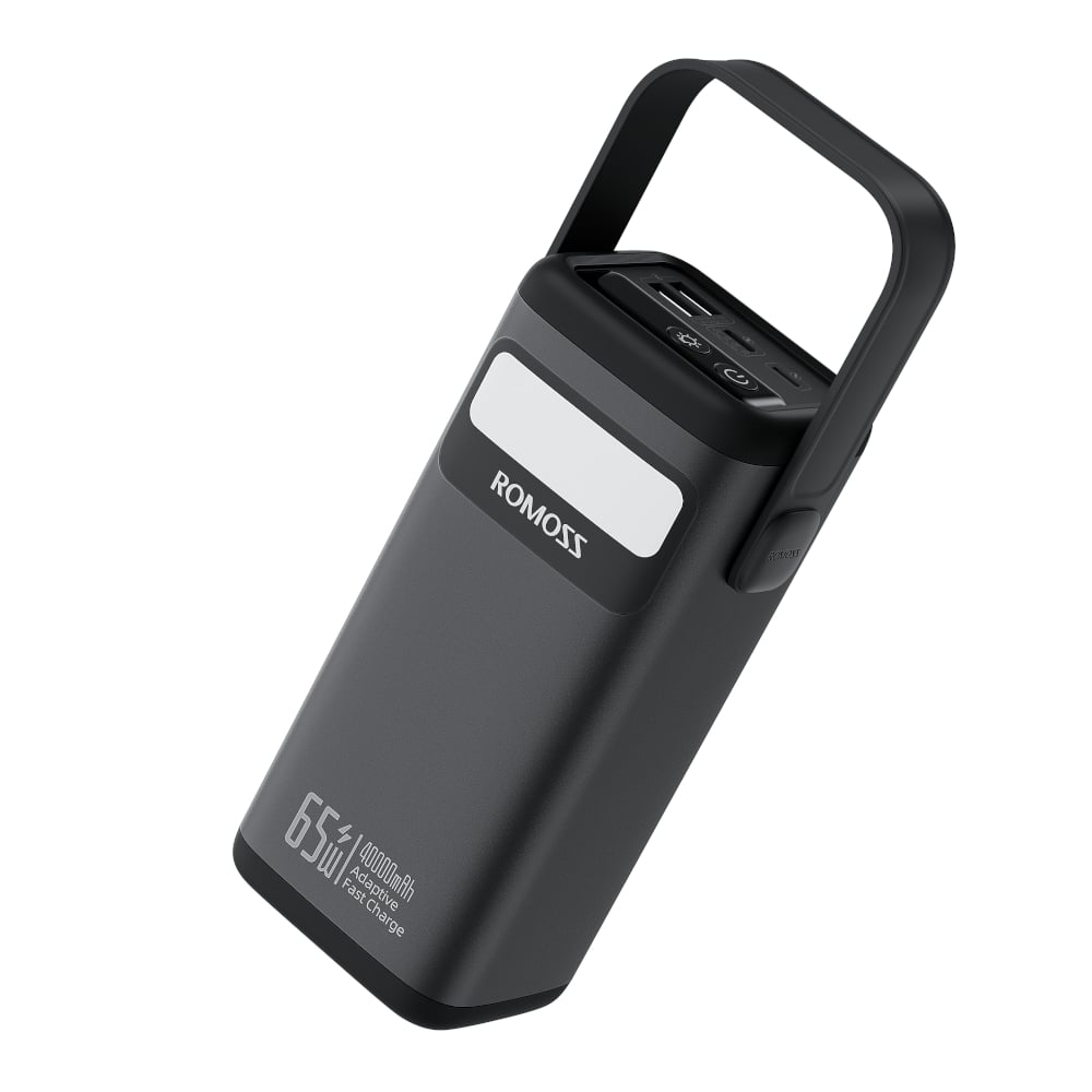 Black power bank with handle and Romoss branding on a white background