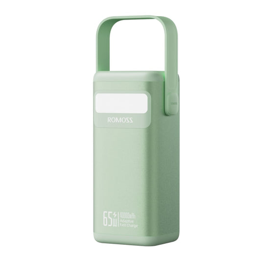 Green power bank with 'ROMOSS' branding on a white background