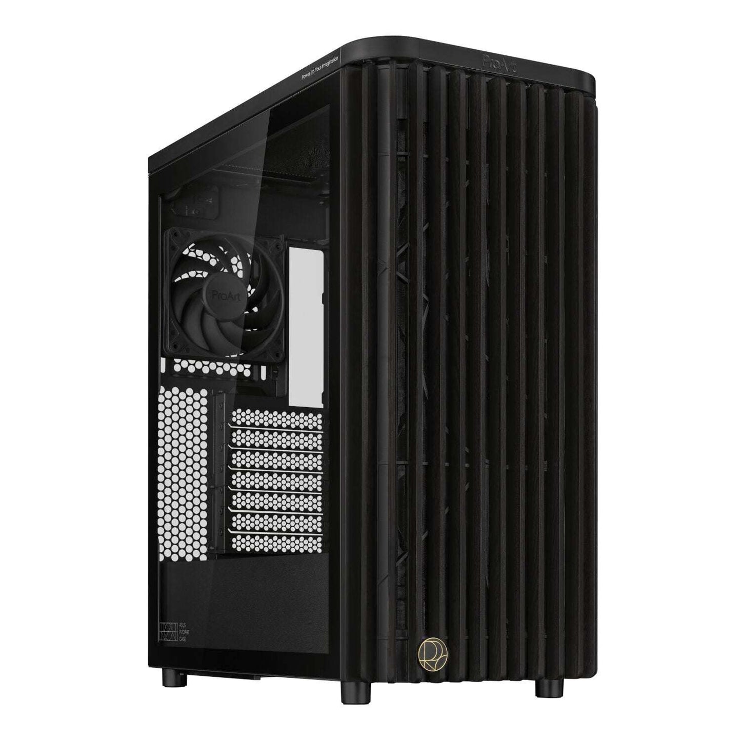 Black computer case with a visible brand logo on a white background