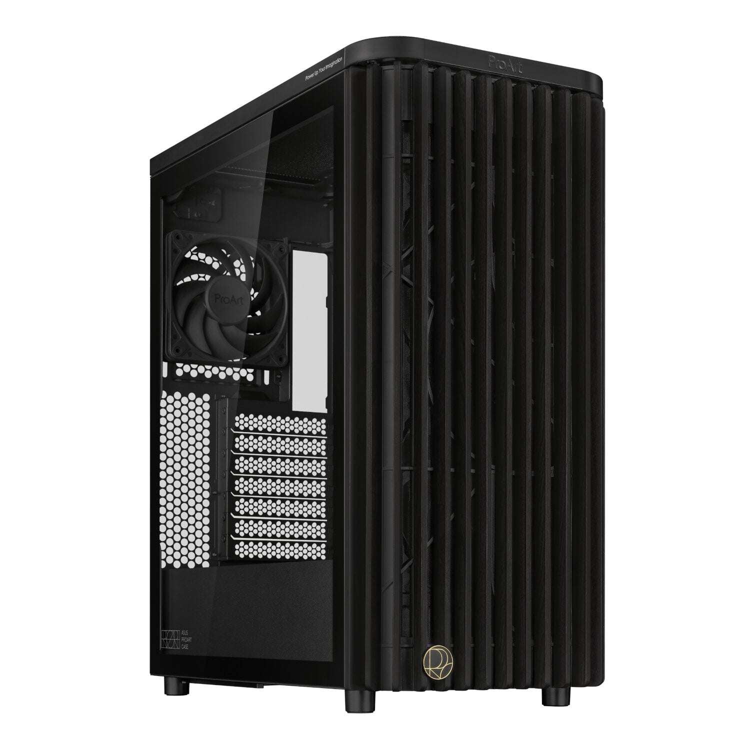 Black computer case with a visible brand logo on a white background