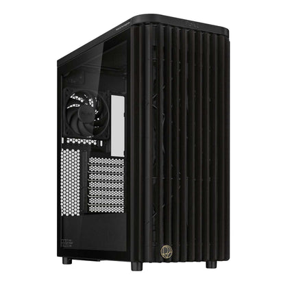 Black computer case with a visible brand logo on a white background
