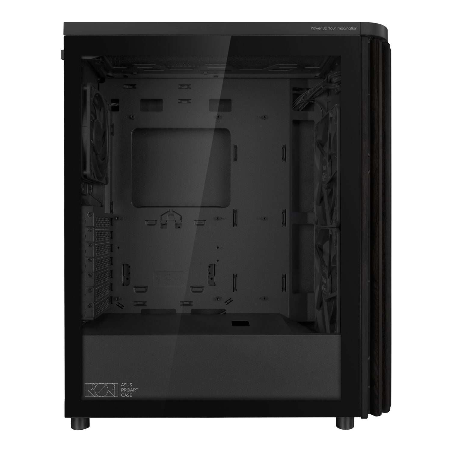 Black computer case with clear side panel on a white background