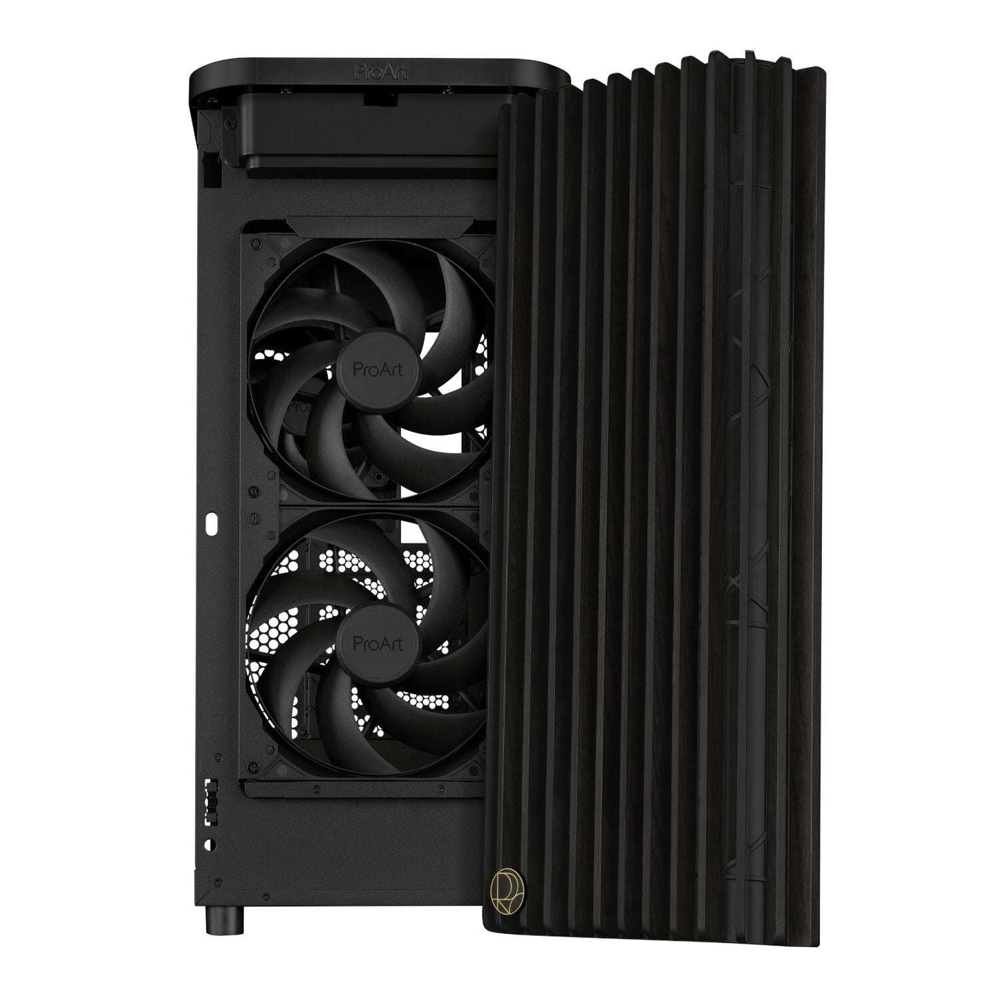 Black computer case with two fans on a white background