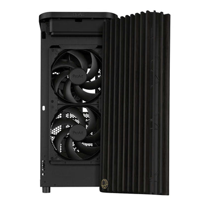 Black computer case with two fans on a white background