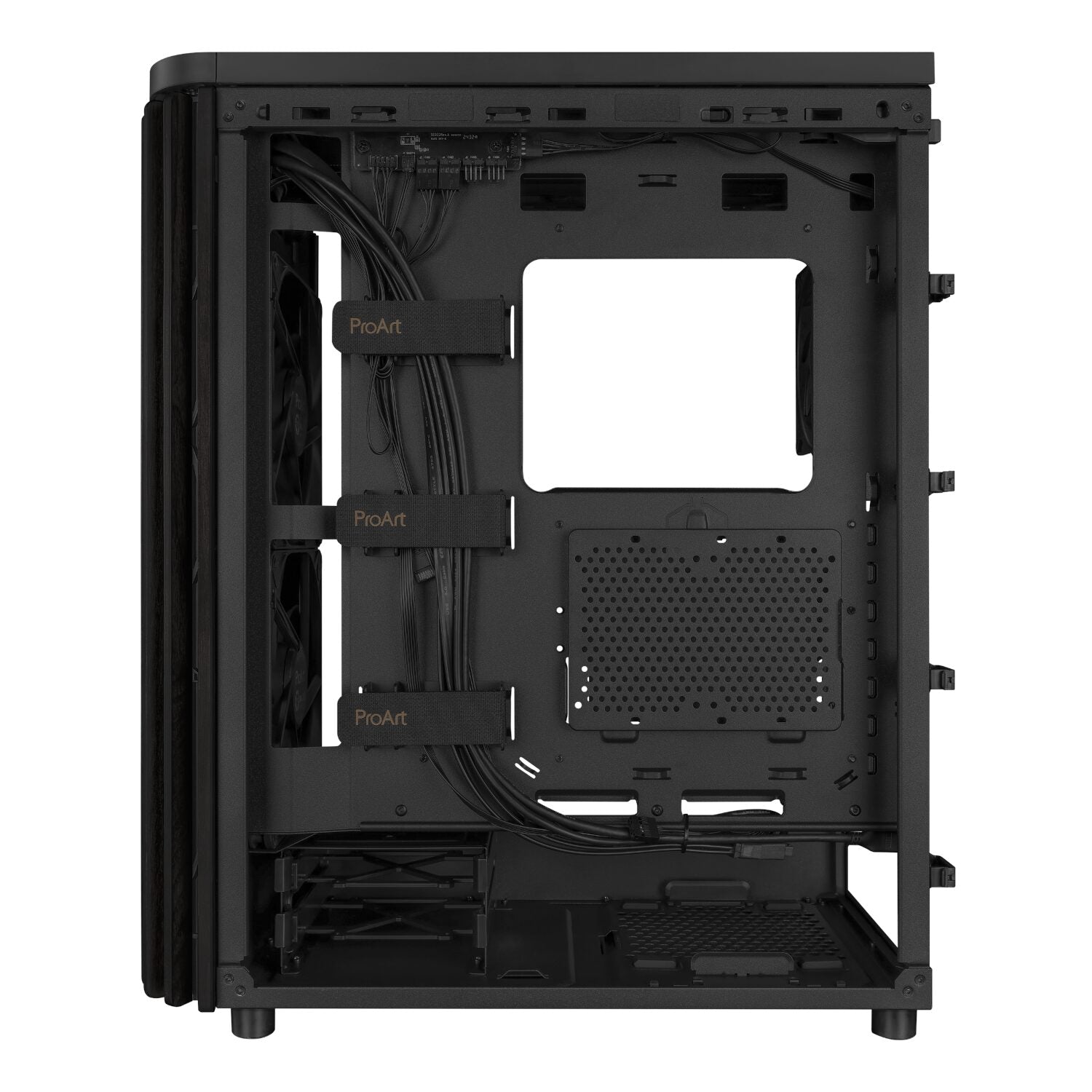Black computer case with visible branding on a white background