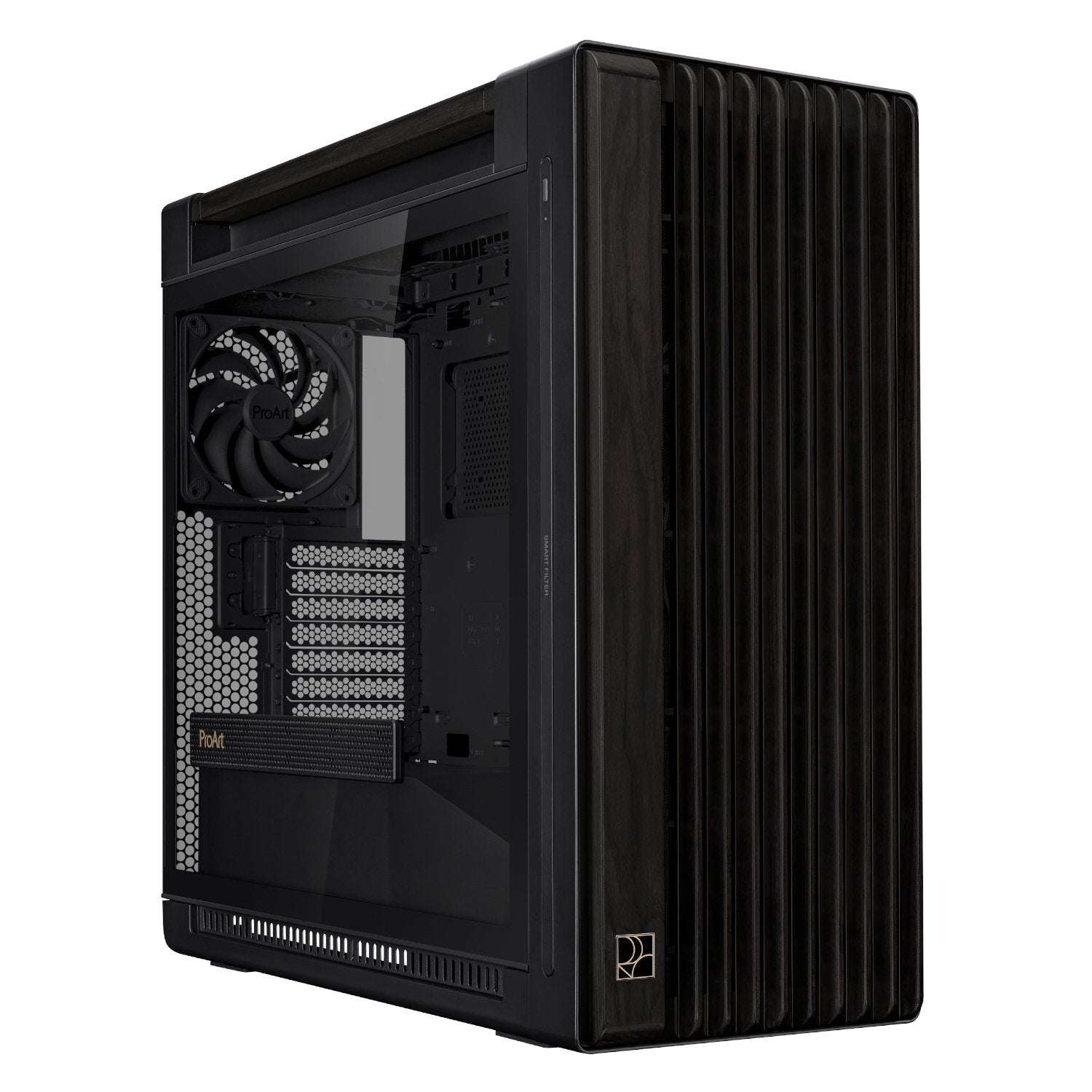 Black computer case with visible cooling system on a white background