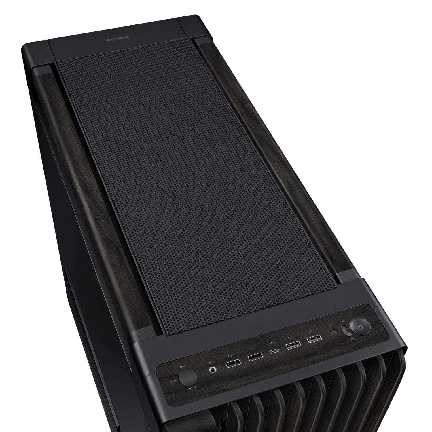 Black computer case with mesh design on a white background