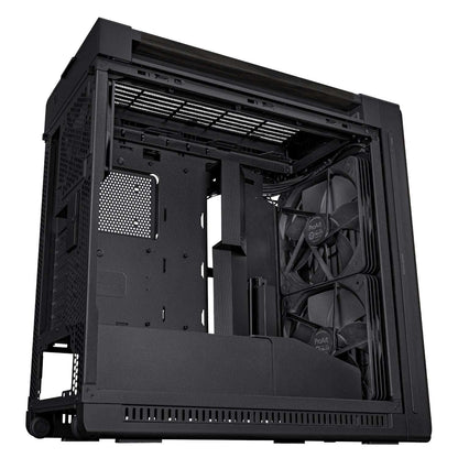 Black computer case with a visible fan on a white background