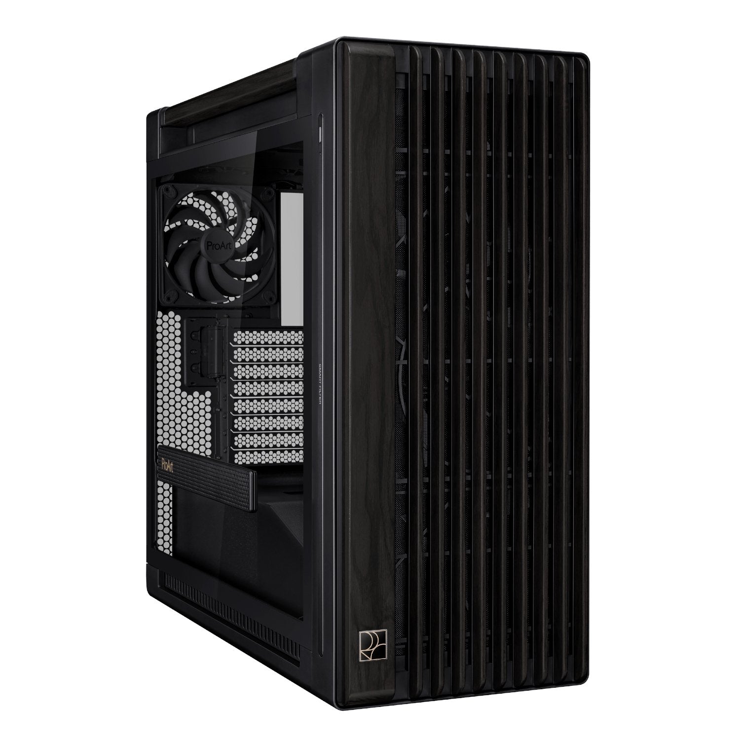 Black computer case with a visible brand logo on a white background