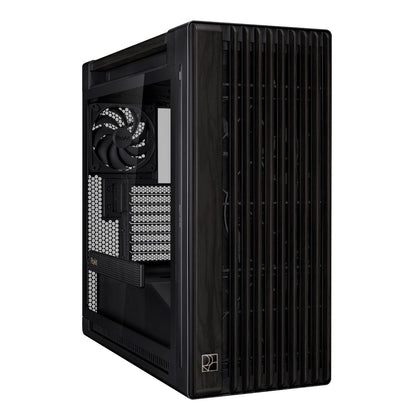 Black computer case with a visible brand logo on a white background