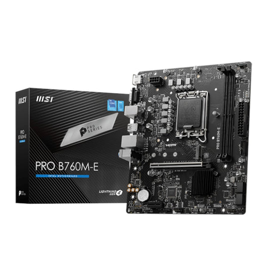MSI B760M-E PRO DDR5 LGA1700 mATX Motherboard with its packaging, showcasing the motherboard and its features.