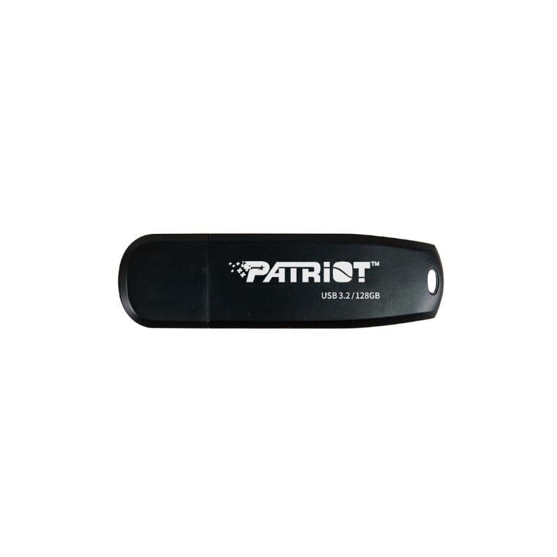 Black USB flash drive with Patriot logo on a white background