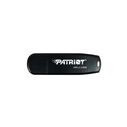 Black USB flash drive with Patriot logo on a white background